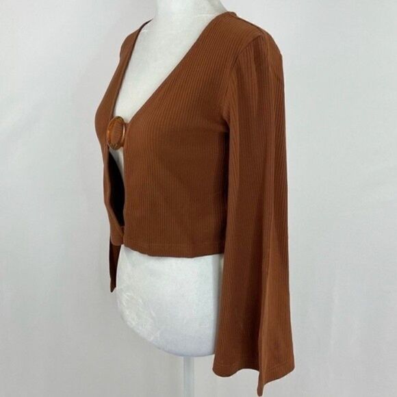 Anthropologie Callahan Open Front Ring Bell Sleeve Ribbed Vera Top Coco Mocha M - Picture 10 of 16